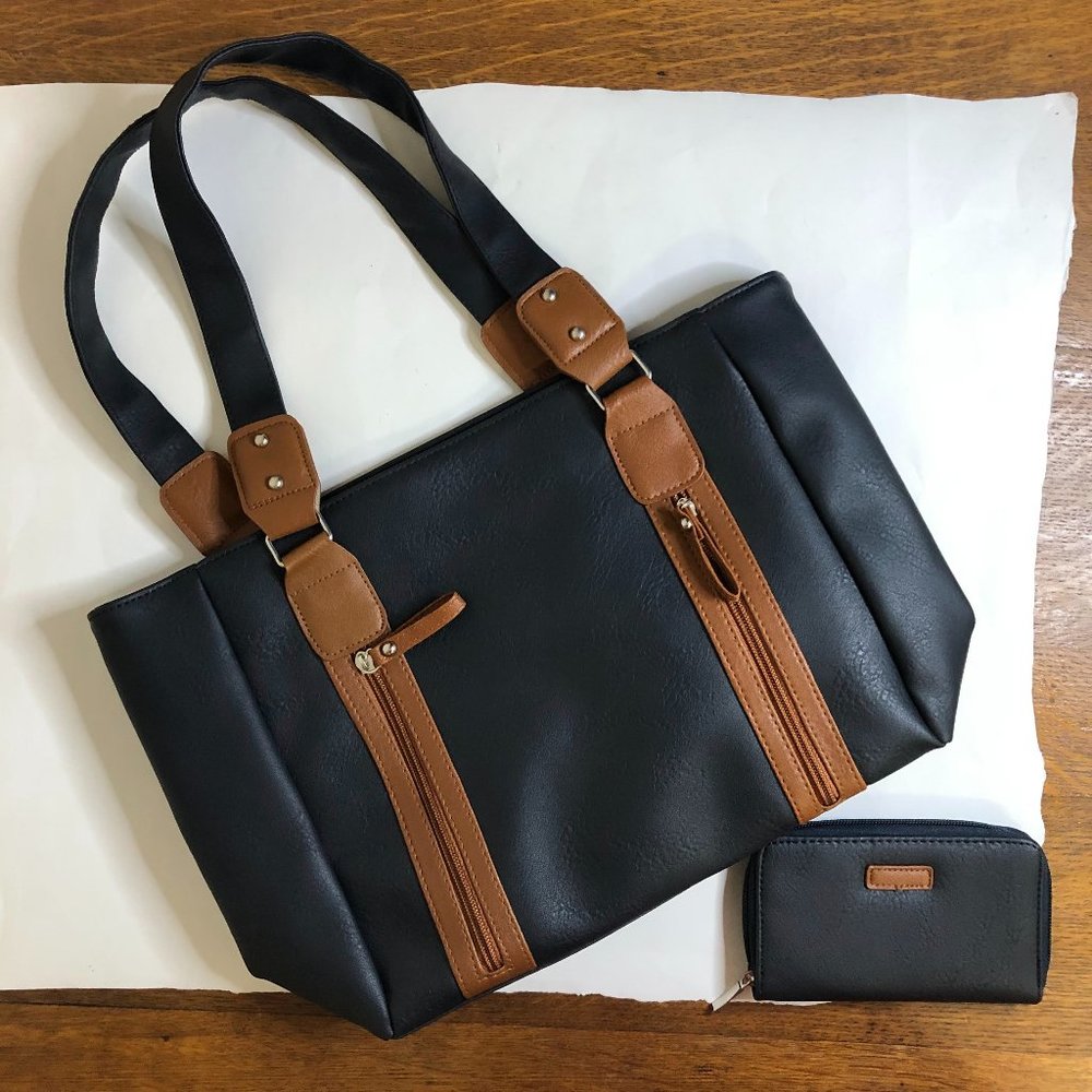 NWOT! Navy Blue & Brown Faux Leather Tote Bag w/ Matching Wallet